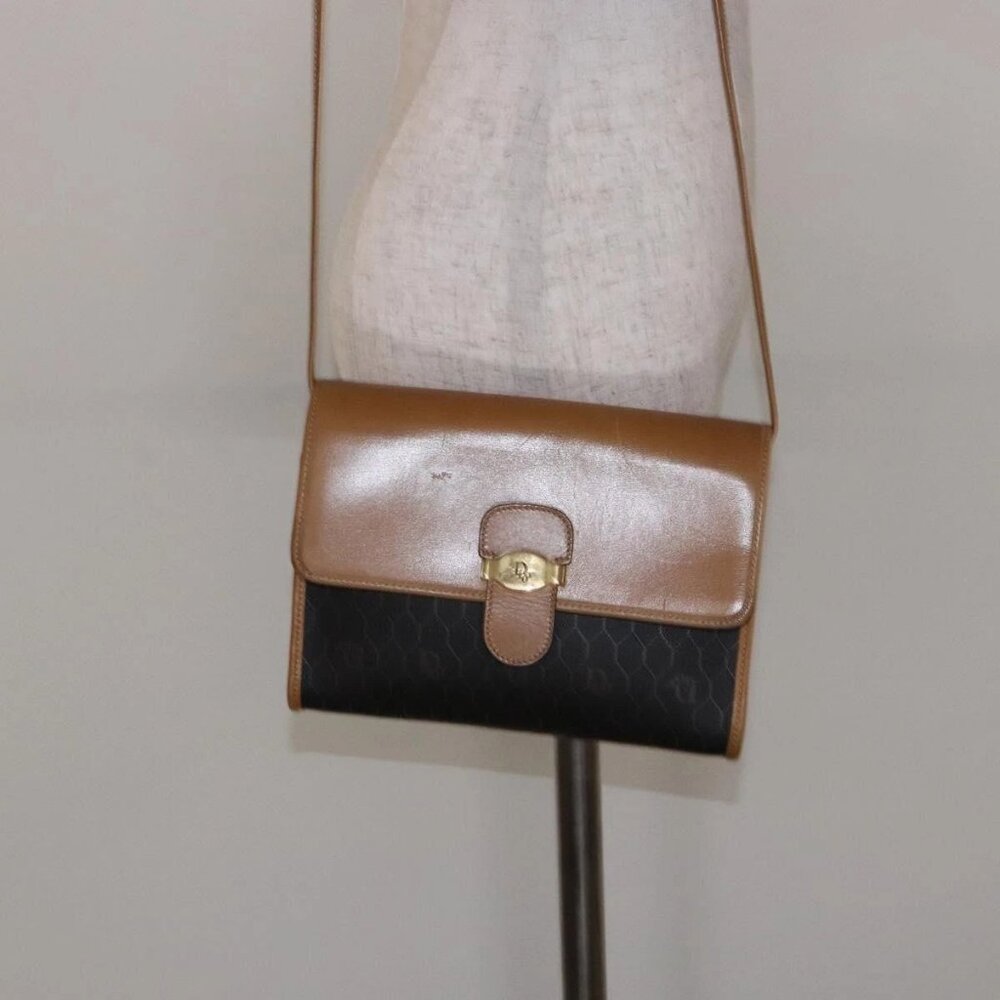 Christian Dior Honeycomb Canvas Shoulder Bag PVC Black Gold Auth